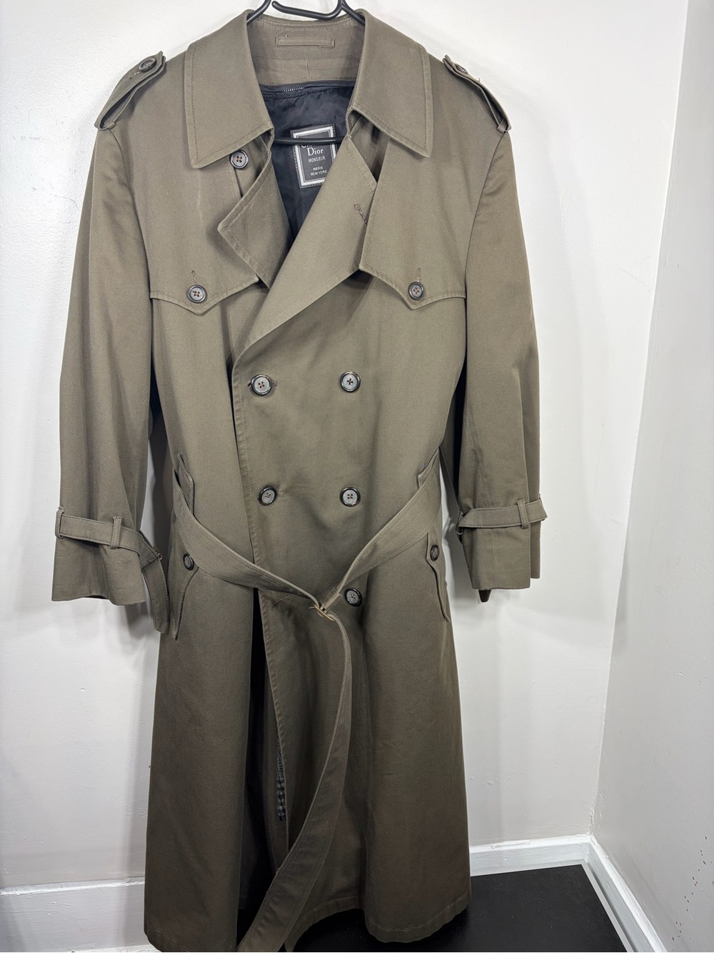 Vintage Christian Dior Monsieur Olive Trench Coat Wool Liner Belt Size 38S